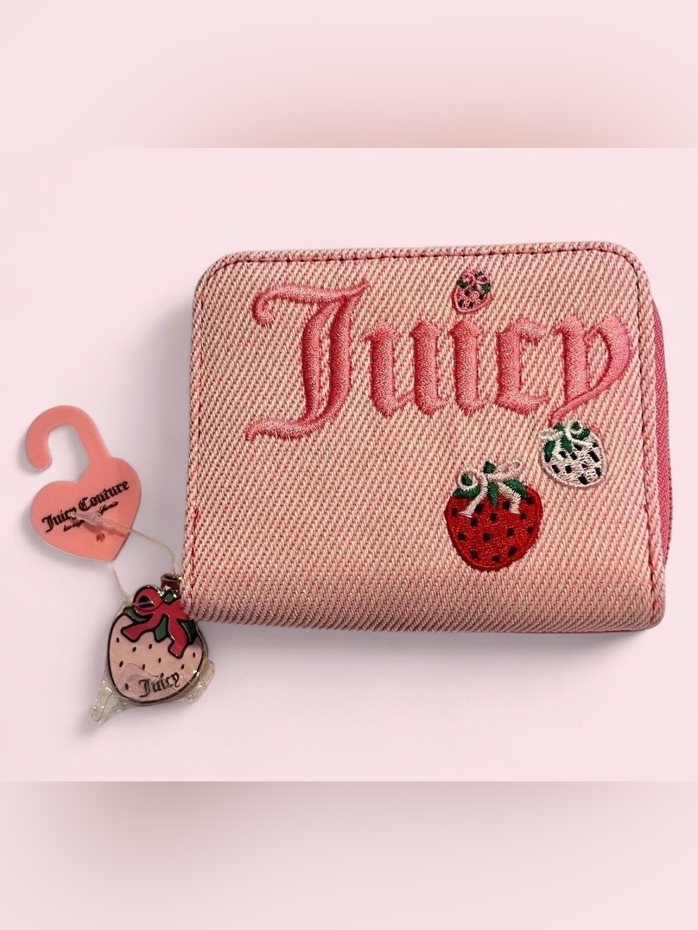 Juicy Couture Berry Sweet Strawberry Denim Zip Around Wallet Pink Y2K Embroider
